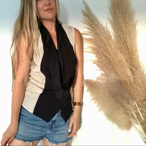 Haute Hippie Cream Black Silk Tank Tuxedo Vest Top Draped VNeck Button Blouse M - Picture 4 of 8